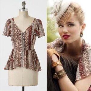 Anthropology - Odille Marching Annuals Silk Feather Patterned Blouse